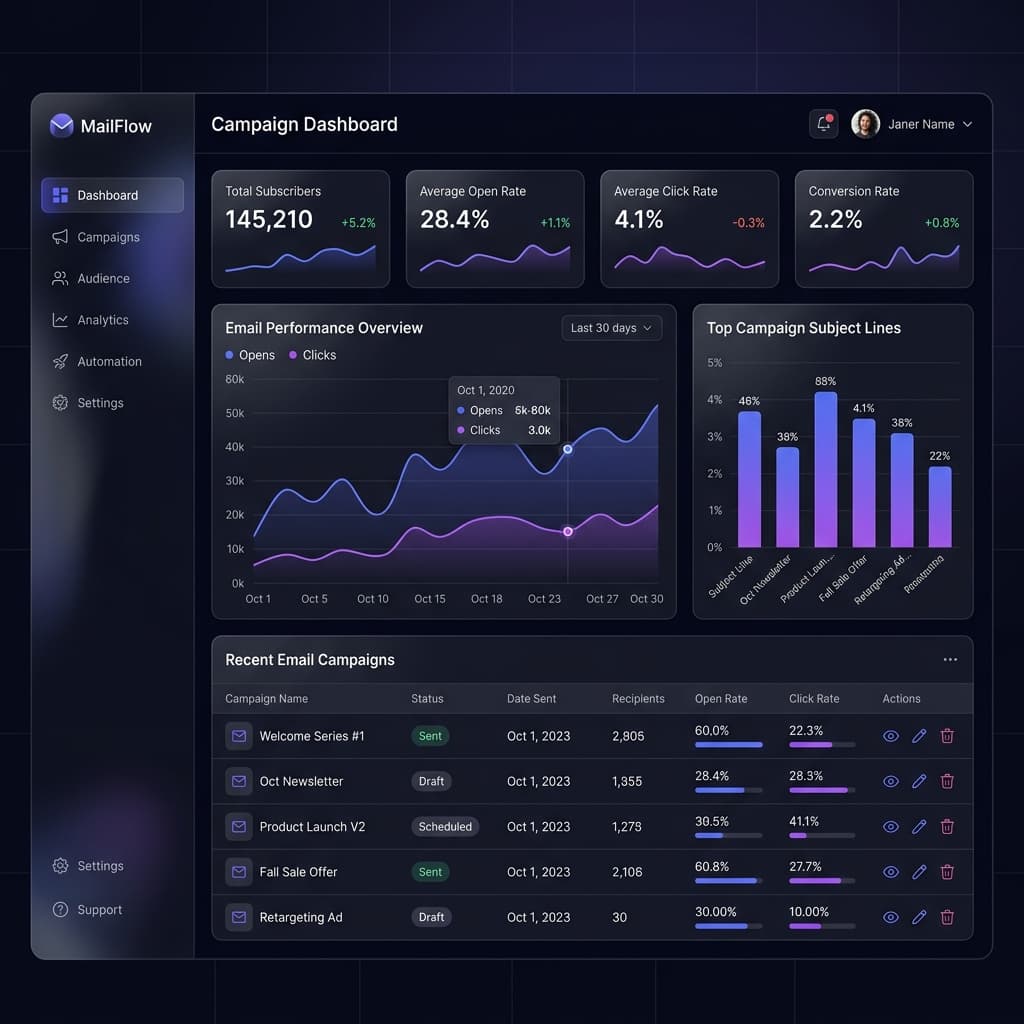 Onemails Dashboard Interface